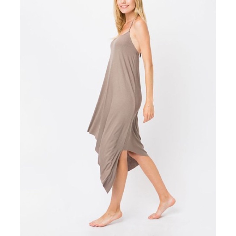 Cozy Casual Asymmetrical Hem Halter Dress in Brown, Sz. S - Picture 8 of 11